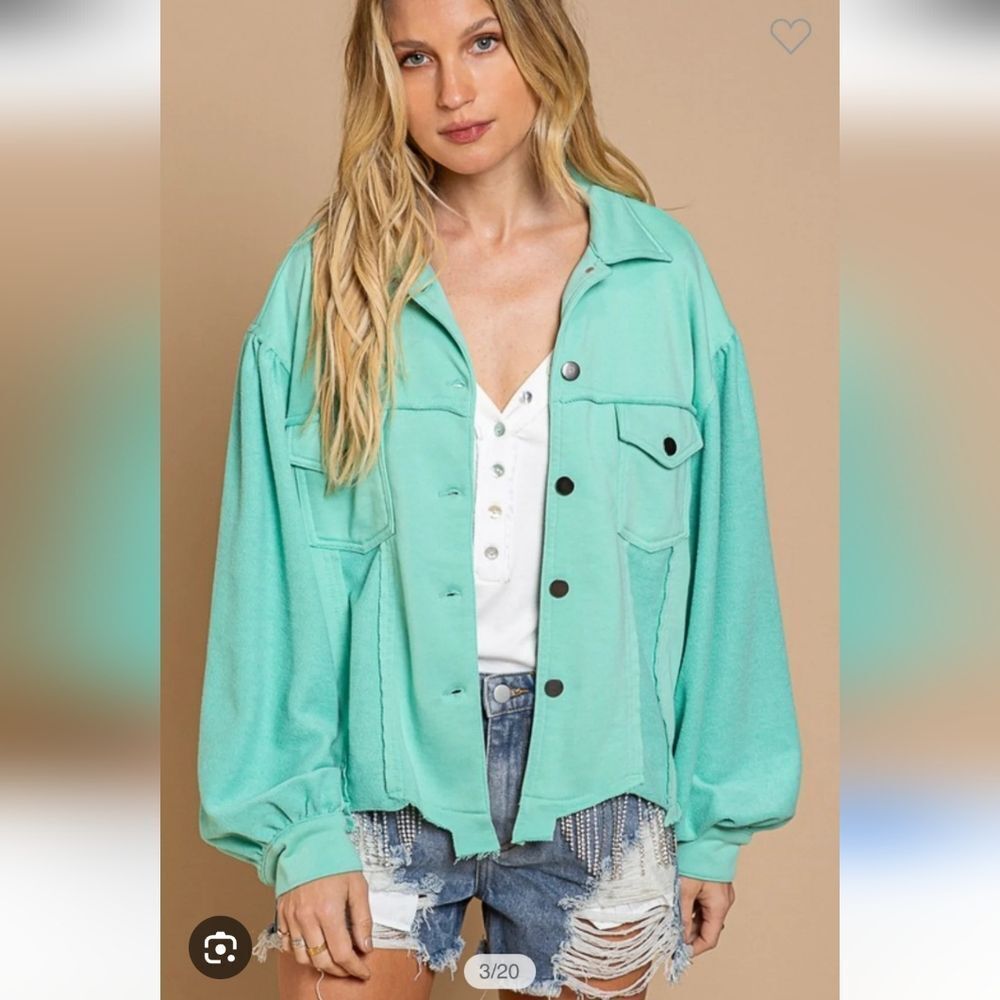 Pol French Terry Mint Shacket Oversized Button Up Raw Hem Small - Picture 2 of 8